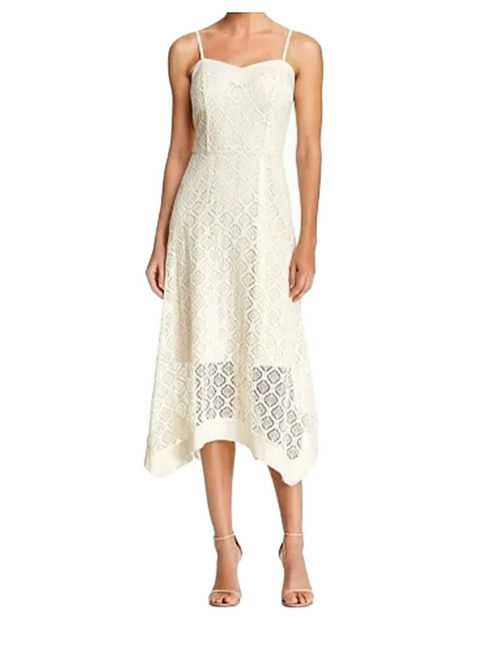 Nanette Lepore Crochet Lace Slip Midi Dress with Spaghetti Straps - Ivory- Sz 10